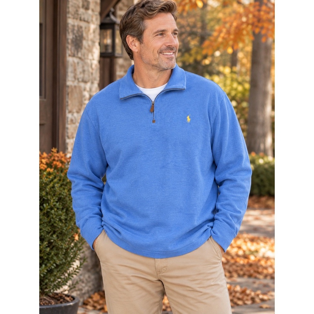 Polo Ralph Lauren Pullover Sweater Mens XXL Blue Quarter-Zip 90s Preppy Casual